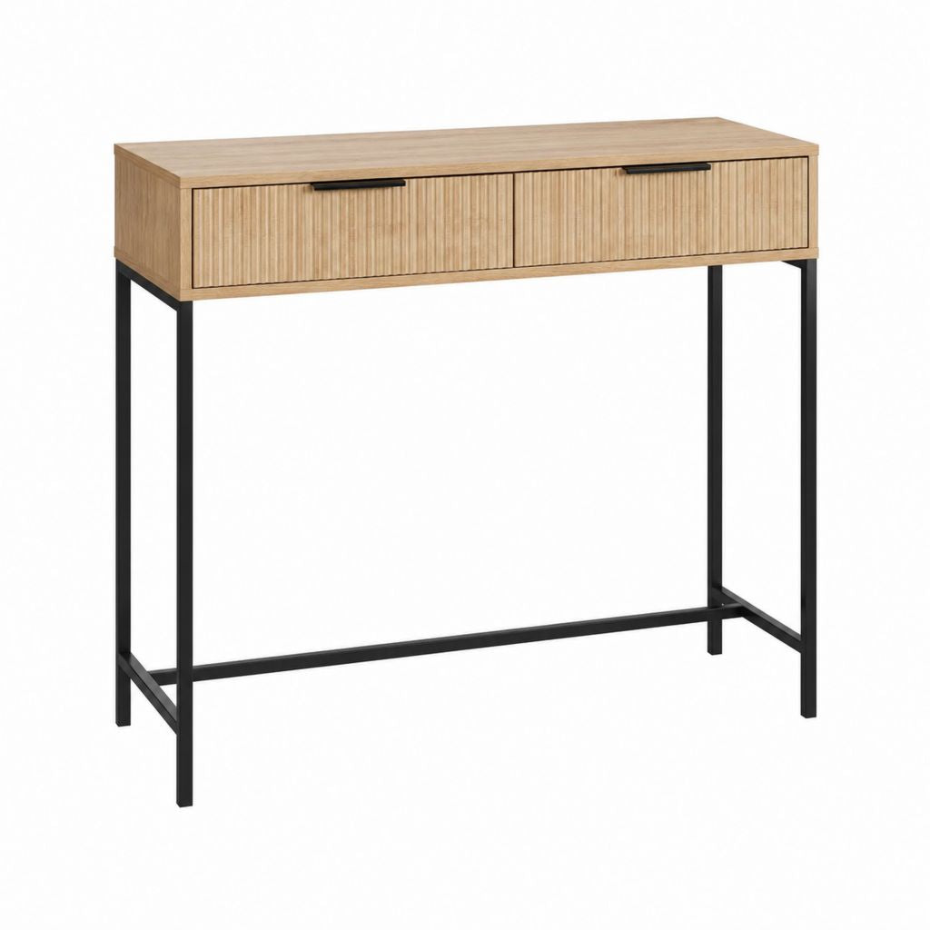 Bureau console à 2 tiroirs beige naturel en bambou et acier rectangulaire 100 x 45 x 90 cm