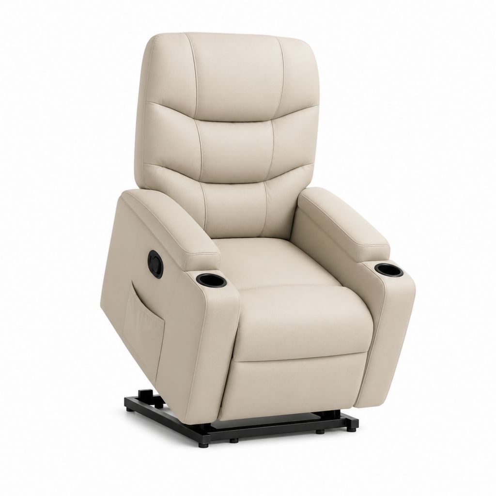 Fauteuil relax inclinable manuel beige en cuir PU avec porte-gobelets 90 x 95 x 105 cm