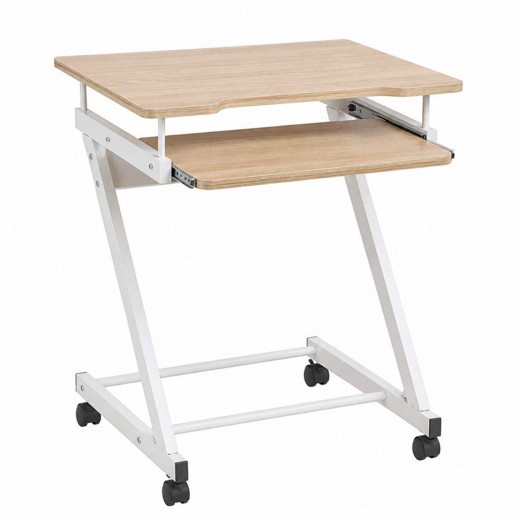Bureau informatique mobile blanc et chêne clair en MDF et acier 80 x 50 x 75 cm