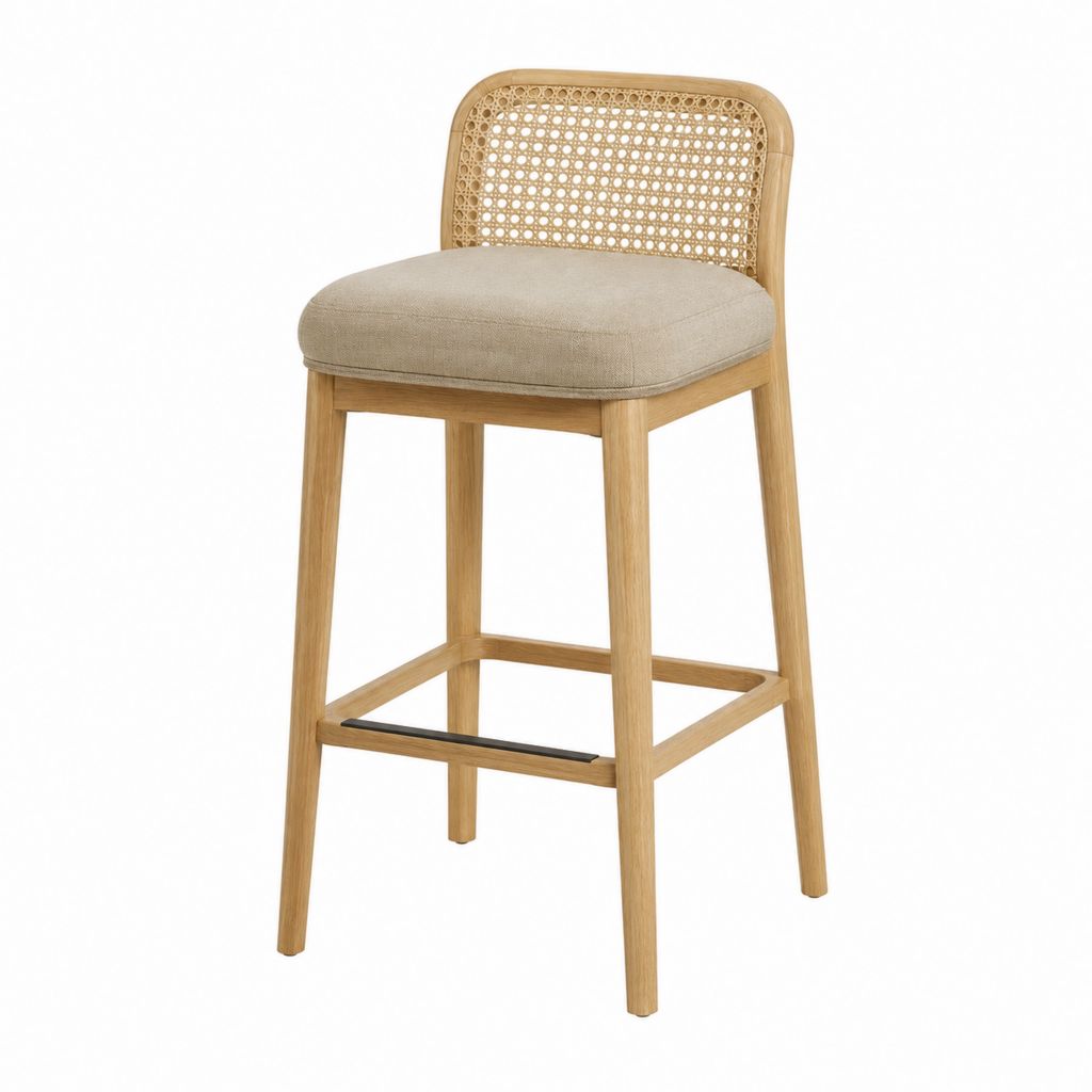 Tabouret de bar en chêne massif naturel avec dossier cannage et assise beige 48 x 52 x 95 cm