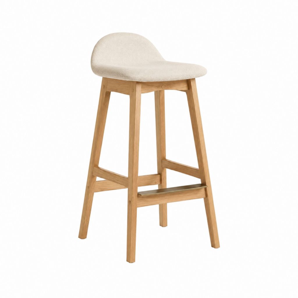 Tabouret de bar beige en chêne massif et polyester avec dossier arrondi 95 x 47 x 49 cm