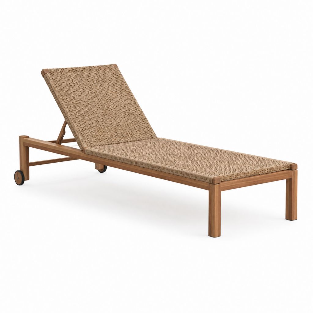 Bain de soleil inclinable en bois massif d'acacia et résine tressée beige 200 x 65 x 35 cm