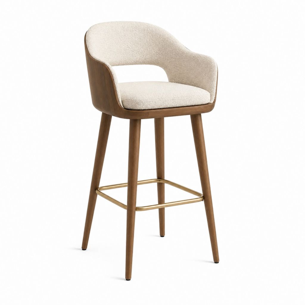 Tabouret de bar avec accoudoirs beige et noyer en polyester bouclette 52 x 54 x 104 cm