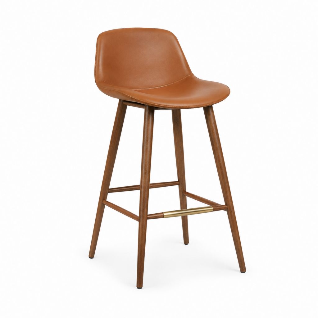 Tabouret de bar brun en similicuir PU et hévéa massif à assise arrondie 49 x 52 x 102 cm