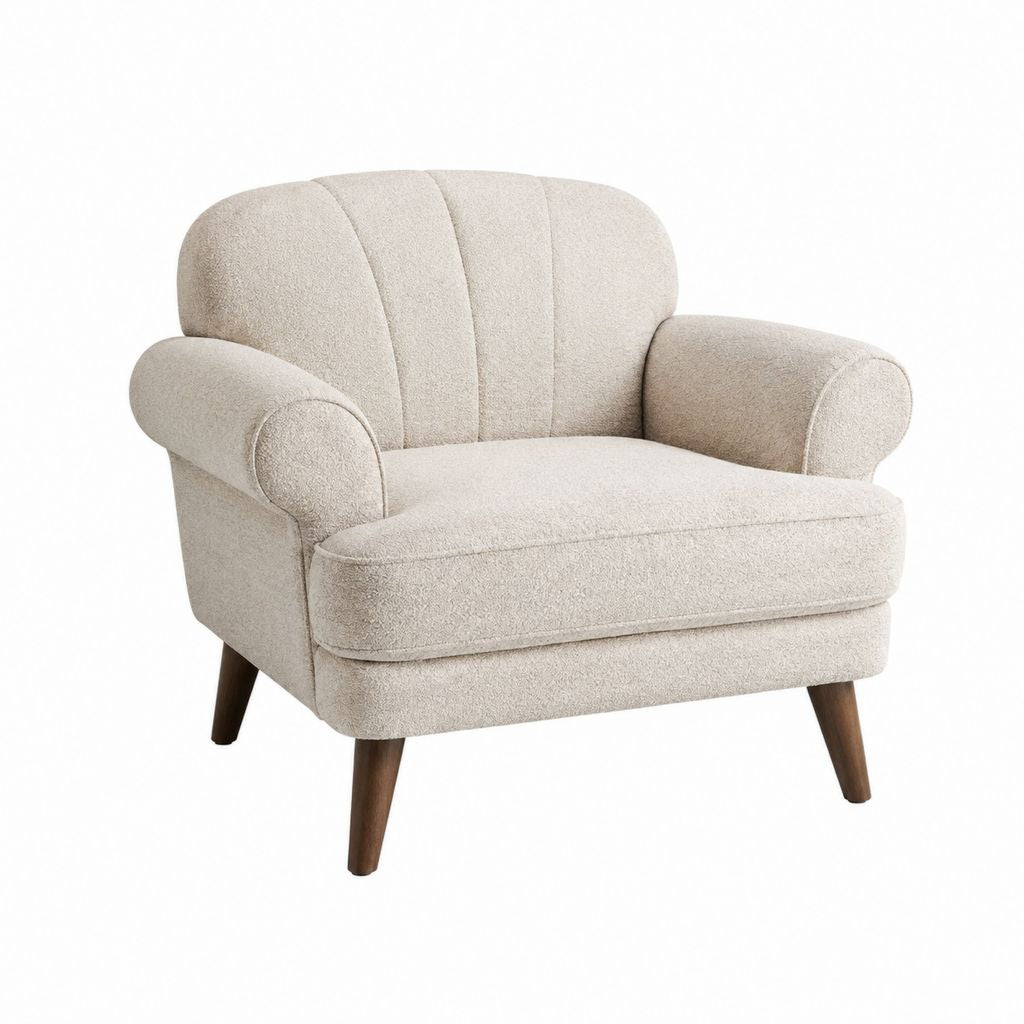 Fauteuil de salon beige en tissu bouclé polyester avec pieds en bois massif 88 x 86 x 84 cm