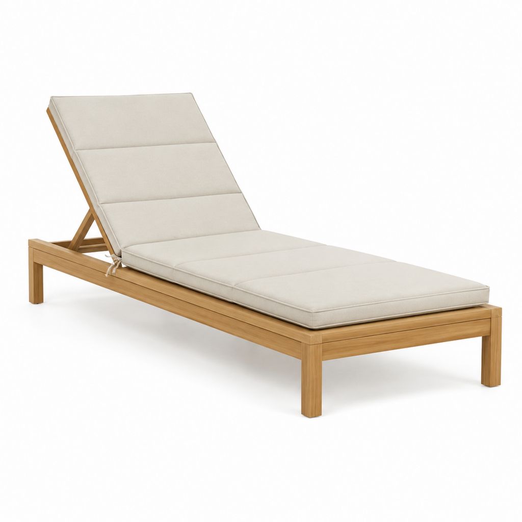 Bain de soleil réglable en bois massif d'acacia naturel avec coussin beige 200 x 65 x 35 cm