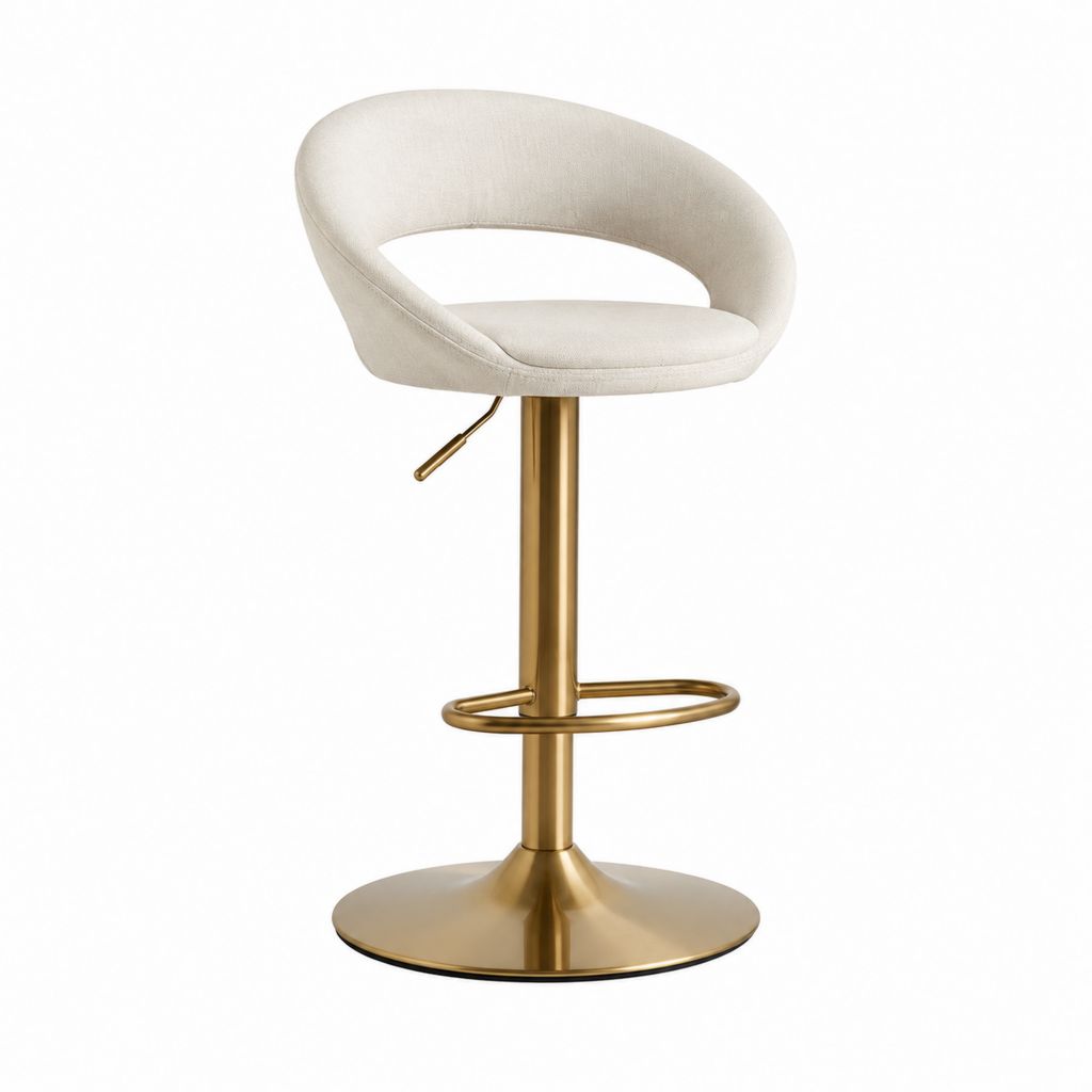 Tabouret de bar réglable pivotant beige en polyester et acier doré avec dossier arrondi 53 x 50 x 106 cm