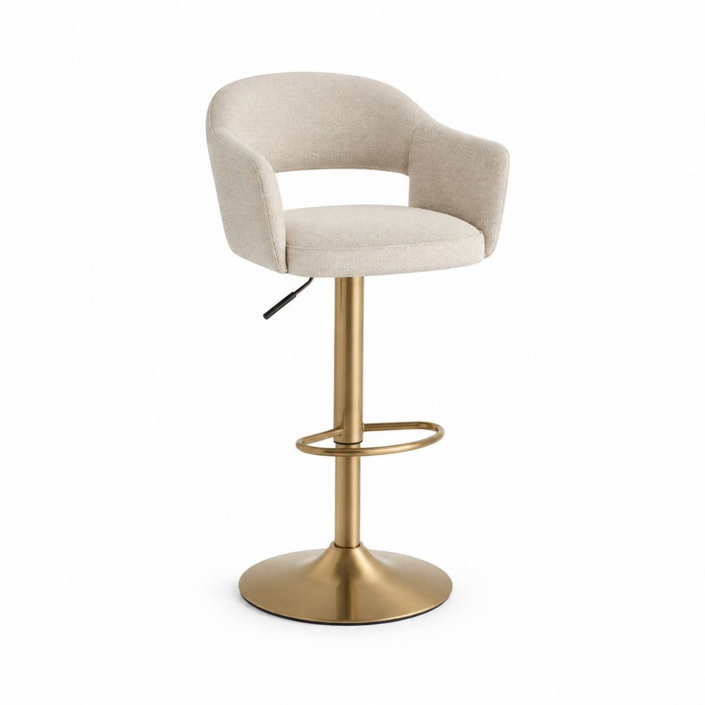 Tabouret de bar pivotant réglable beige en polyester et acier doré 53 x 54 x 88-109 cm