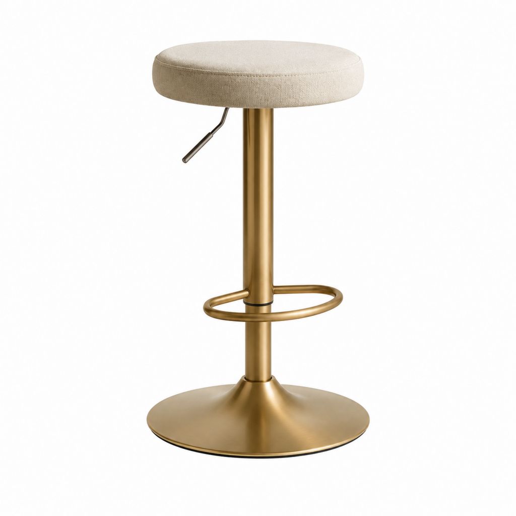 Tabouret de bar réglable pivotant beige et doré en polyester et acier diamètre 38 cm hauteur 60-82 cm