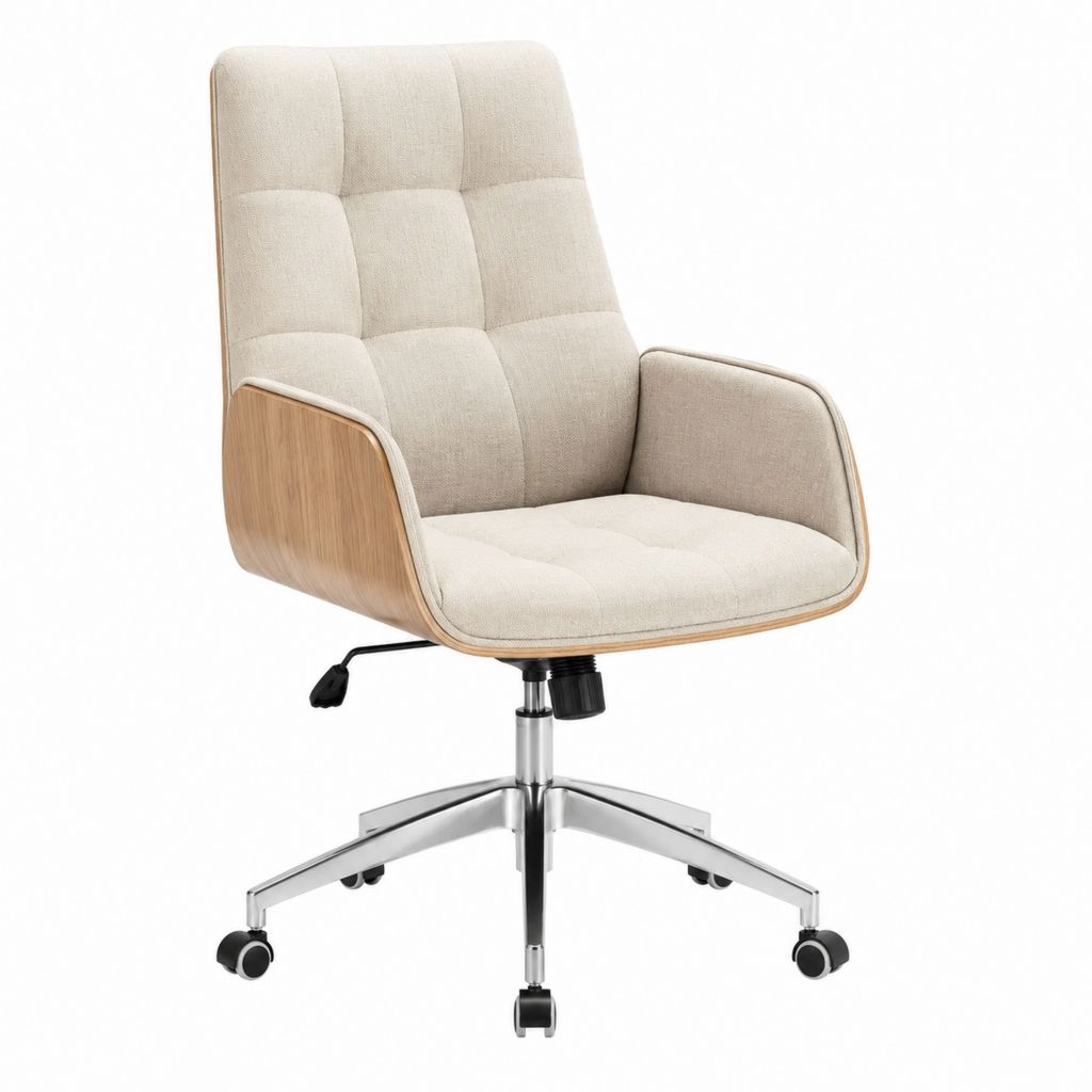Chaise de bureau pivotante réglable beige en polyester et contreplaqué 65 x 65 x 104-114 cm