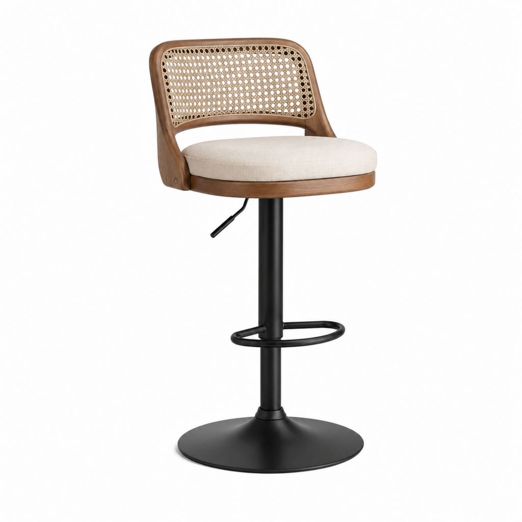 Tabouret de bar réglable pivotant beige en bois massif et rotin avec pied noir 50 x 52 x 90-112 cm